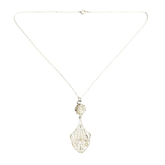 Vintage Filigree Sterling Silver Necklace Art Nouveau Style Pendant Lacemade - Picture 3 of 10